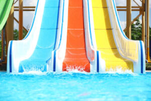 Water park with colorful slides. Summer vacation